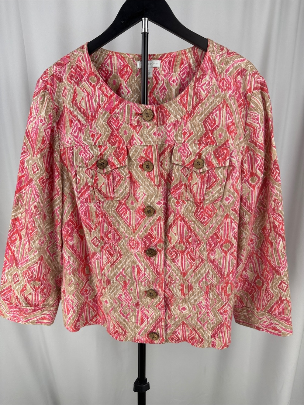 Charter Club 100% Linen Ikat Print Jacket Pink Tan XL